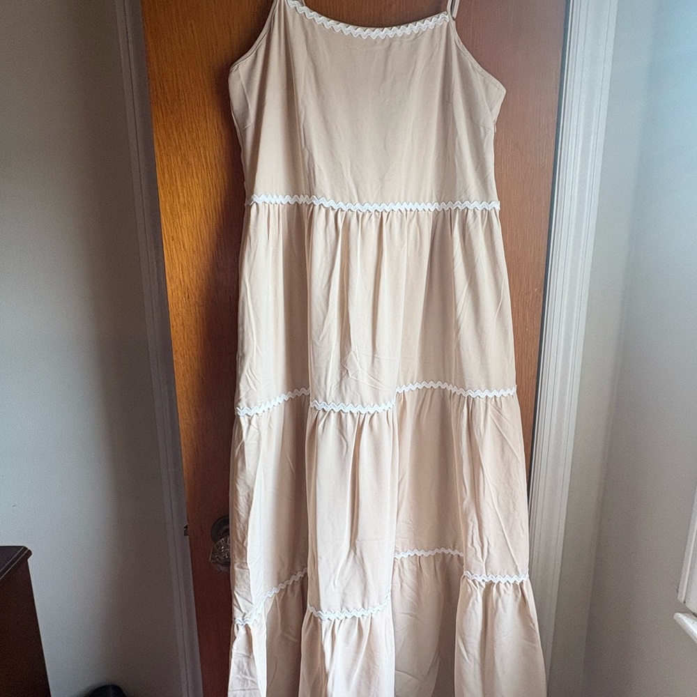 Cream Tiered Midi Dress Sleeveless Boho Flowy Summer Casual Women Size M